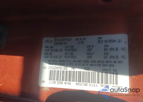 2000 Dodge Dakota Slt/Sport из США, поврежденный, VIN 1B7GG22X8YS611832